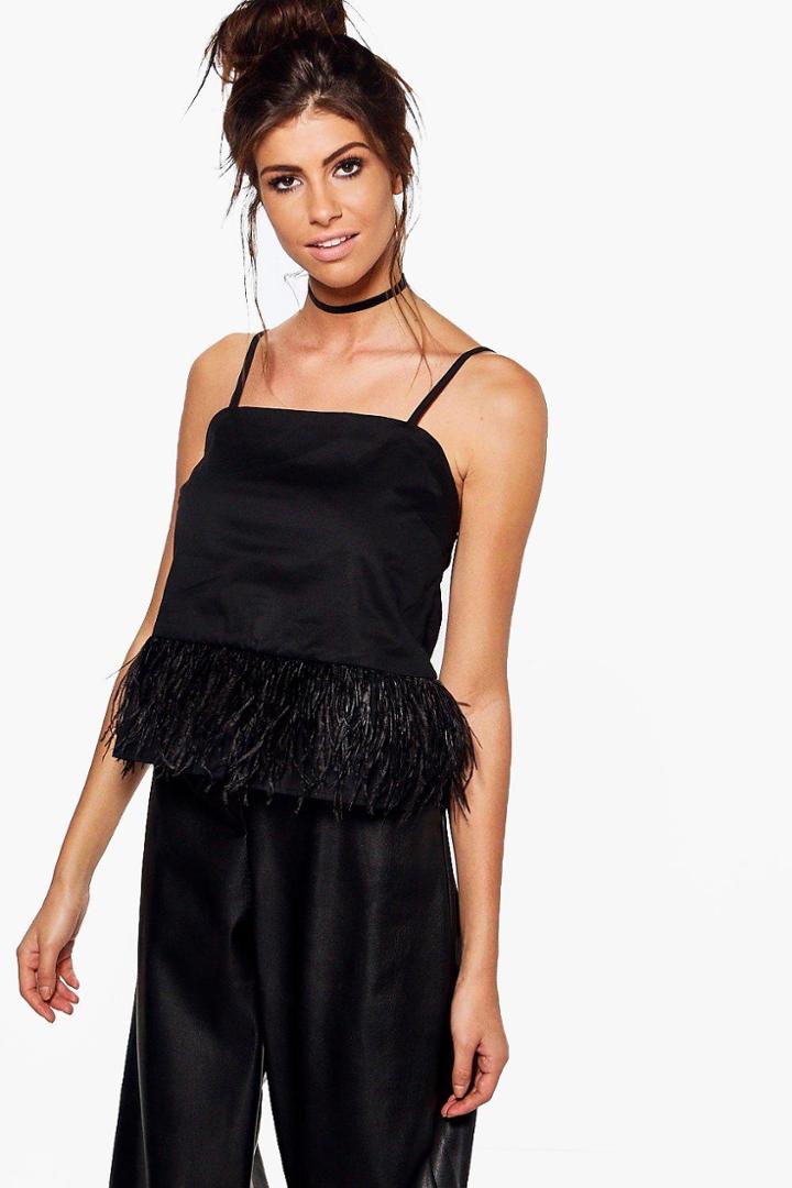 Boohoo Elizabeth Feather Trim Woven Cami Black