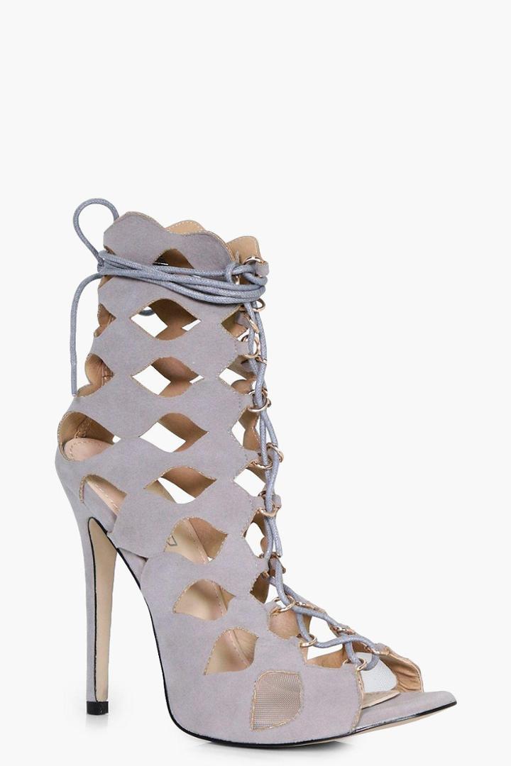 Boohoo Natasha Cage Ghillie Lace Up Heels Grey