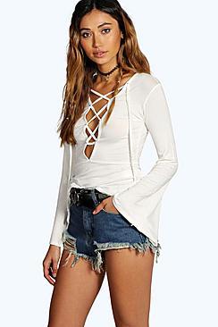 Boohoo Maggie Lace Up Eyelet Bell Sleeve Top