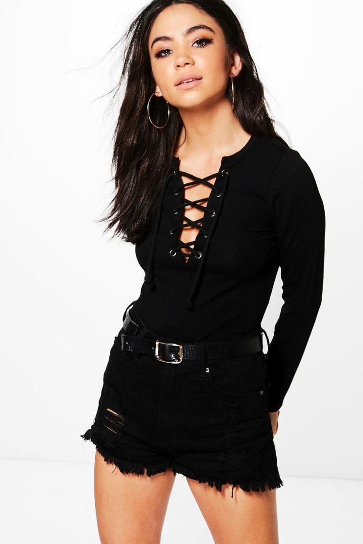 Boohoo Nina Eyelet Detail Long Sleeve Crop Black