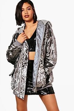 Boohoo Boutique Oversized Velvet Bomber With Hood