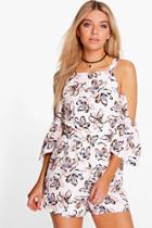 Boohoo Lucy Floral Open Shoulder Playsuit Ivory