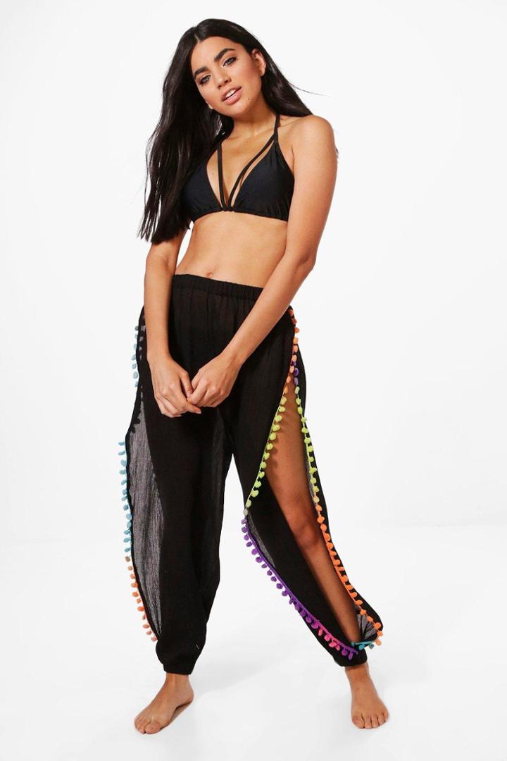 Boohoo Phoebe Rainbow Pom Pom Split Leg Beach Trouser Black