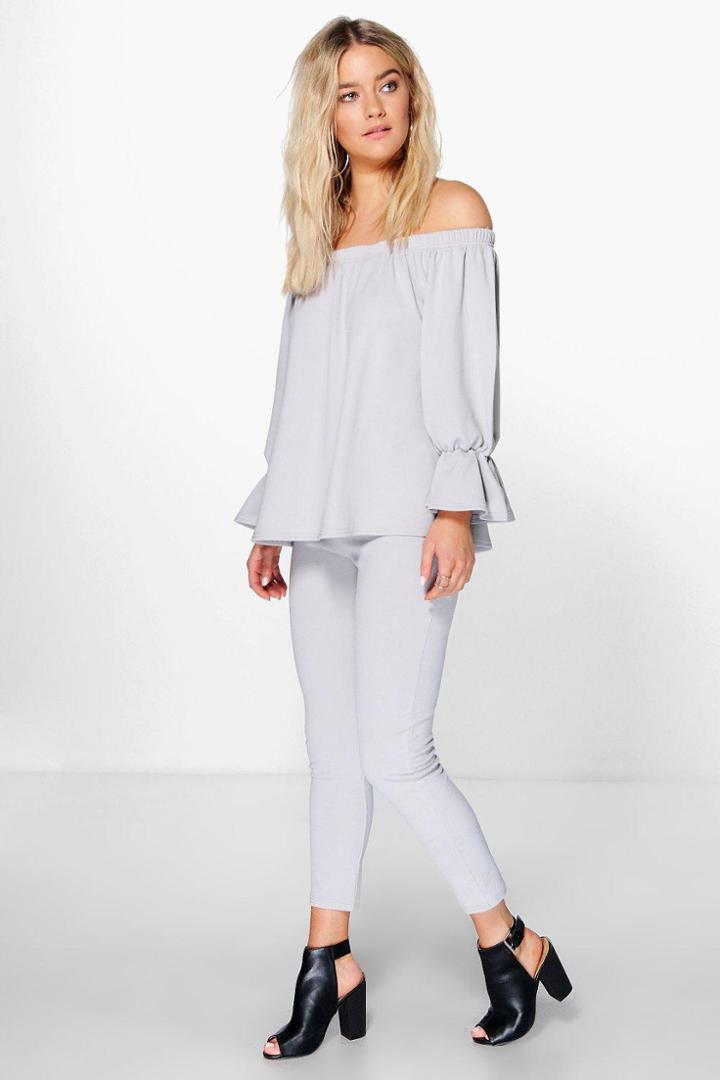 Boohoo Lia Off Shoulder Top & Skinny Trouser Co-ord Set Silver
