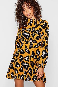 Boohoo Bold Leopard Tie Neck Skater Dress