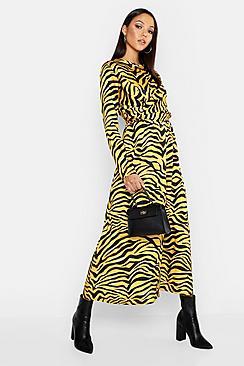 Boohoo Tall Tie Front Tiger Print Midi Dress