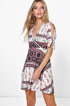 Boohoo Ulrika Cold Shoulder Wrap Skater Dress