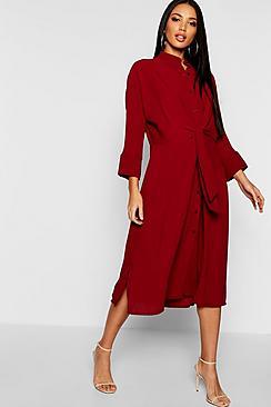 Boohoo Tie Waist Collarless Midi Dress