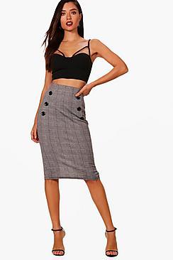 Boohoo Natalie Check Button Pencil Skirt
