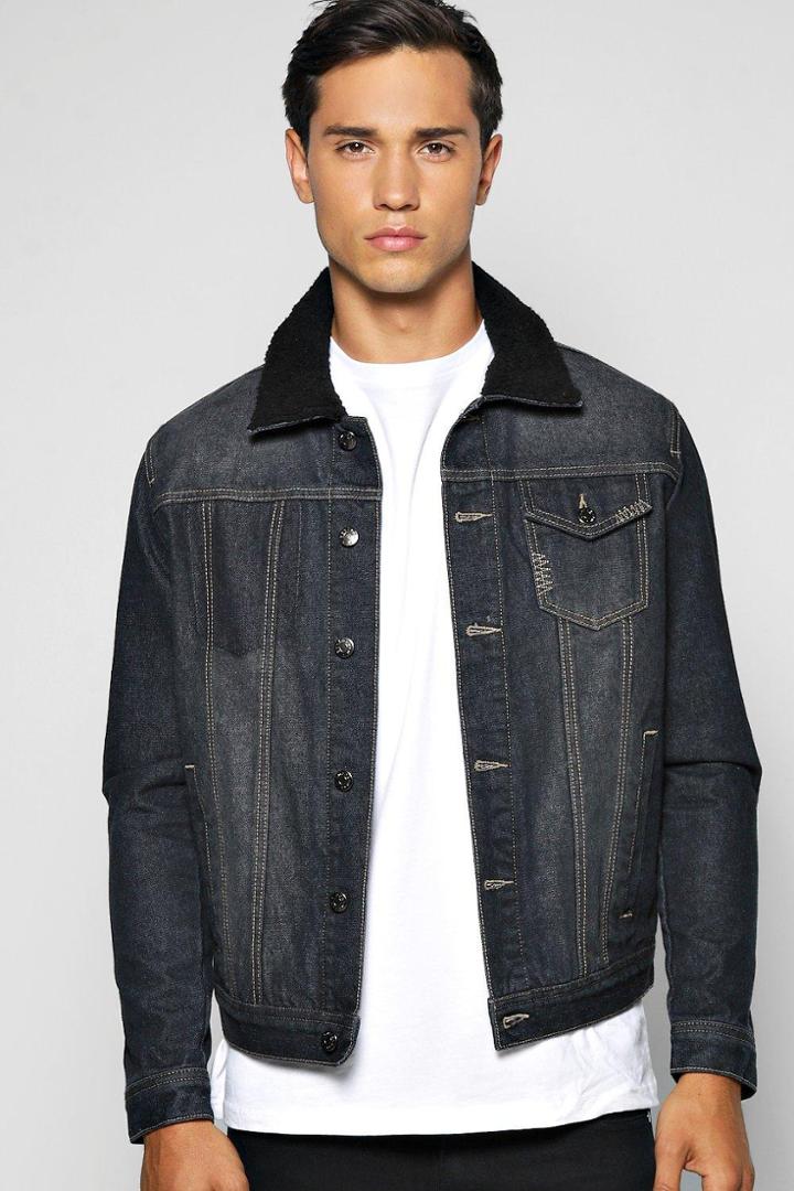 Boohoo Jean Jacket With Borg Collar Black