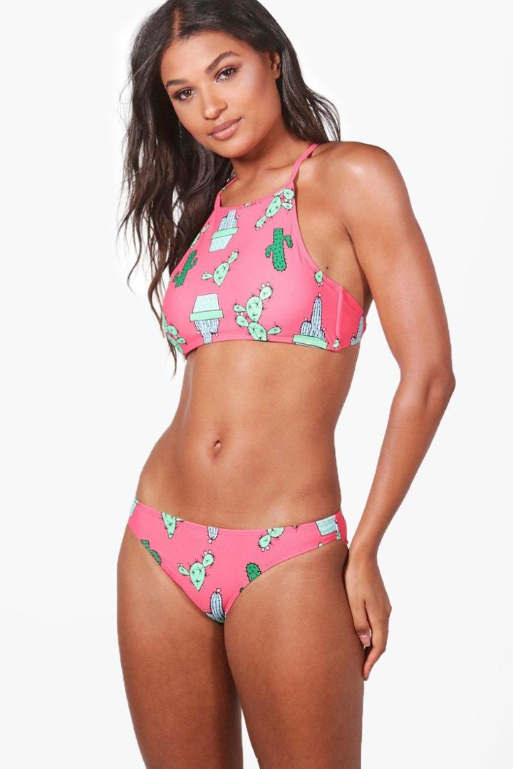 Boohoo Caribbean Cactus Cropped Bikini Coral
