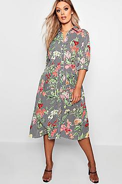Boohoo Plus Floral & Stripe Shirt Midi Dress