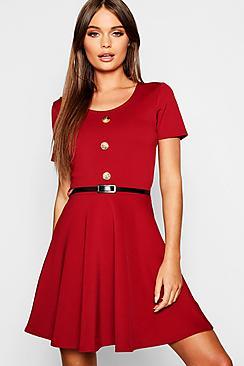 Boohoo Short Sleeve Button Front Belted Skater Dress