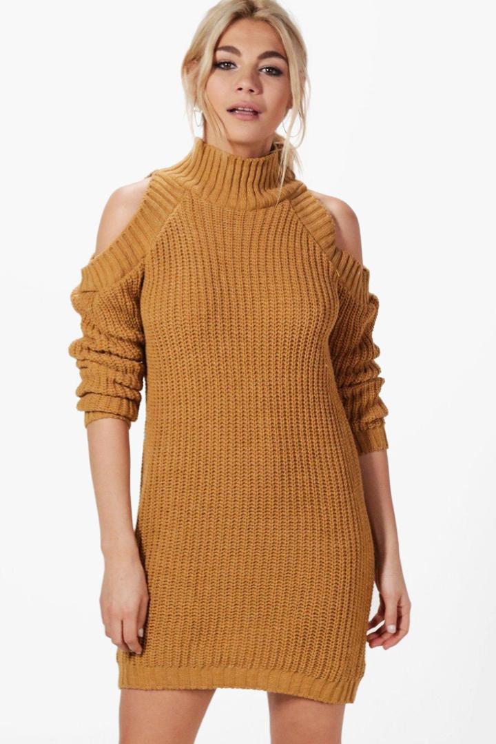 Boohoo Niamh Turtle Neck Cold Shoulder Jumper Dress Yellow