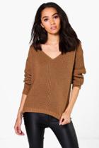 Boohoo Petite Shauna Oversized V Neck Jumper Camel