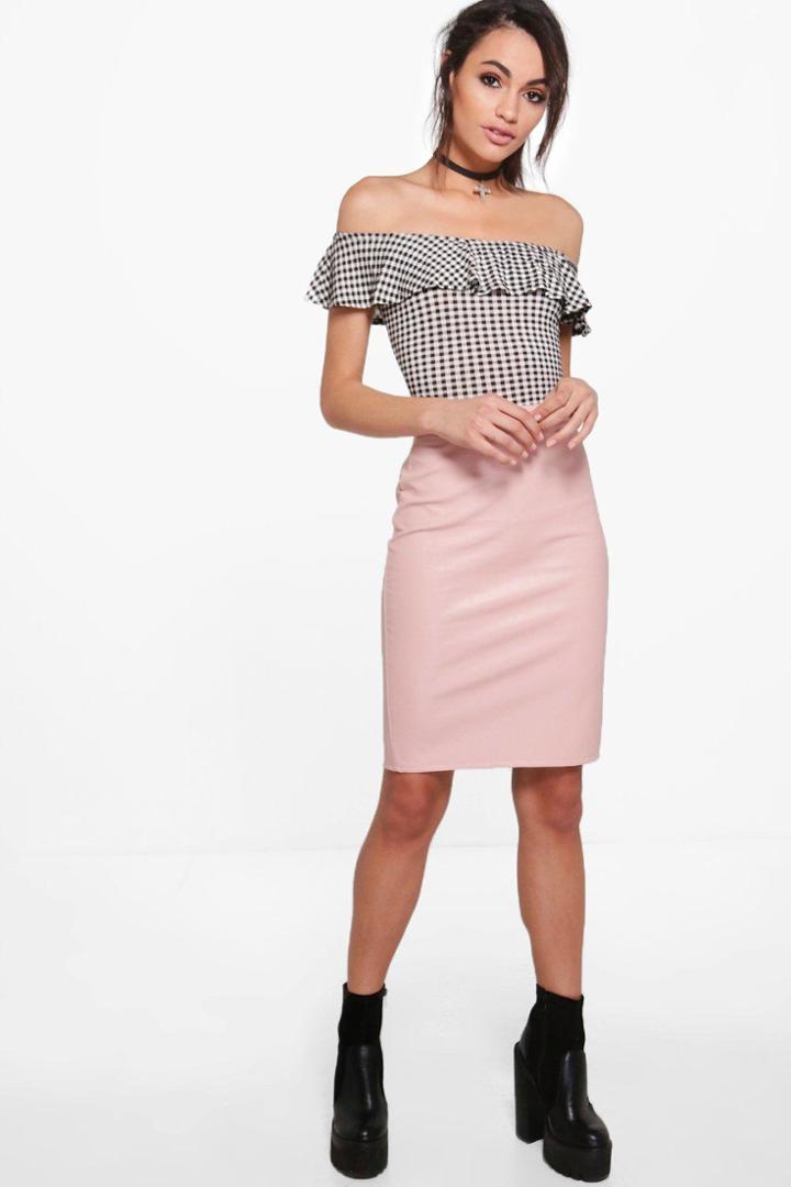 Boohoo Adriana Leather Look Mock Croc Midi Skirt Nude