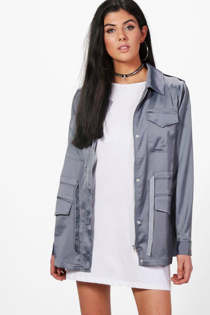 Boohoo Becky Satin Parka Charcoal
