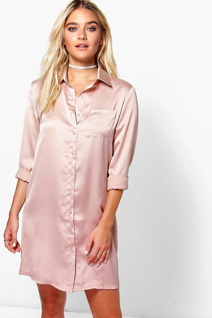 Boohoo Harriet Satin Shirt Dress Salmon