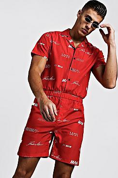 Boohoo Man Print Revere Collar Short Jumpsuit