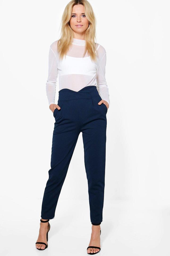 Boohoo Bex High Waist Slim Fit Crepe Trousers Navy