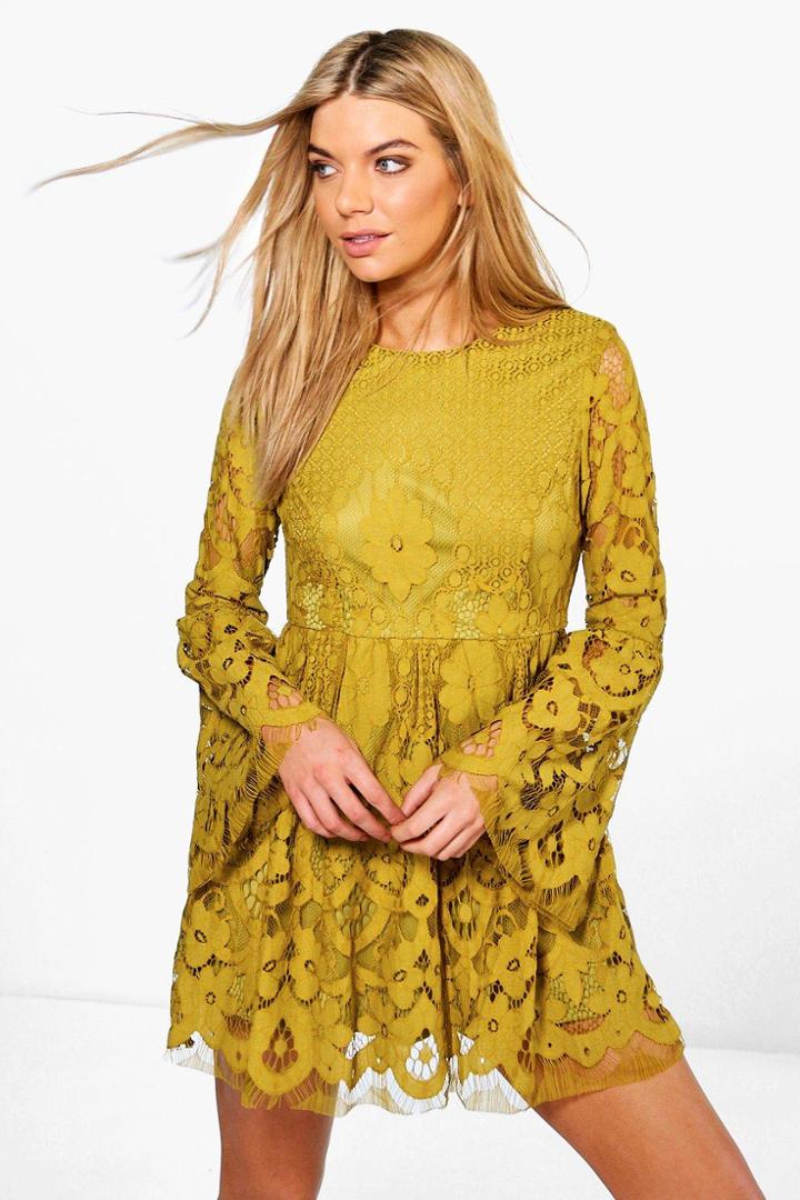 Boohoo Boutique Fi Lace Bell Sleeve Fit & Flare Dress Lime