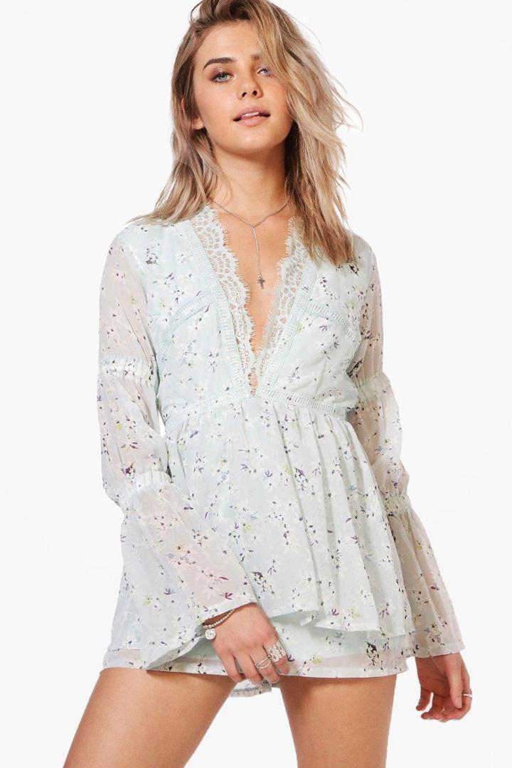 Boohoo Boutique Floral Ditsy Print Peplum Playsuit Mint