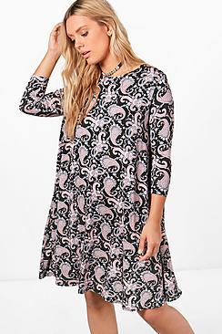 Boohoo Plus Jane Paisley 3/4 Sleeve Swing Dress