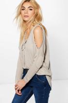 Boohoo Natalie Cold Shoulder Eyelet Knitted Top Stone