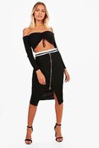 Boohoo Raya Sports Waistband Zip Front Rib Midi Skirt