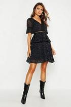 Boohoo V Neck Lace Trim Pleated Polka Dot Skater Dress