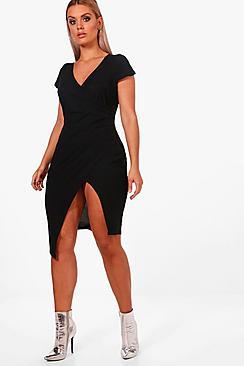 Boohoo Plus Heather Crepe Cap Sleeve Wrap Midi Dress