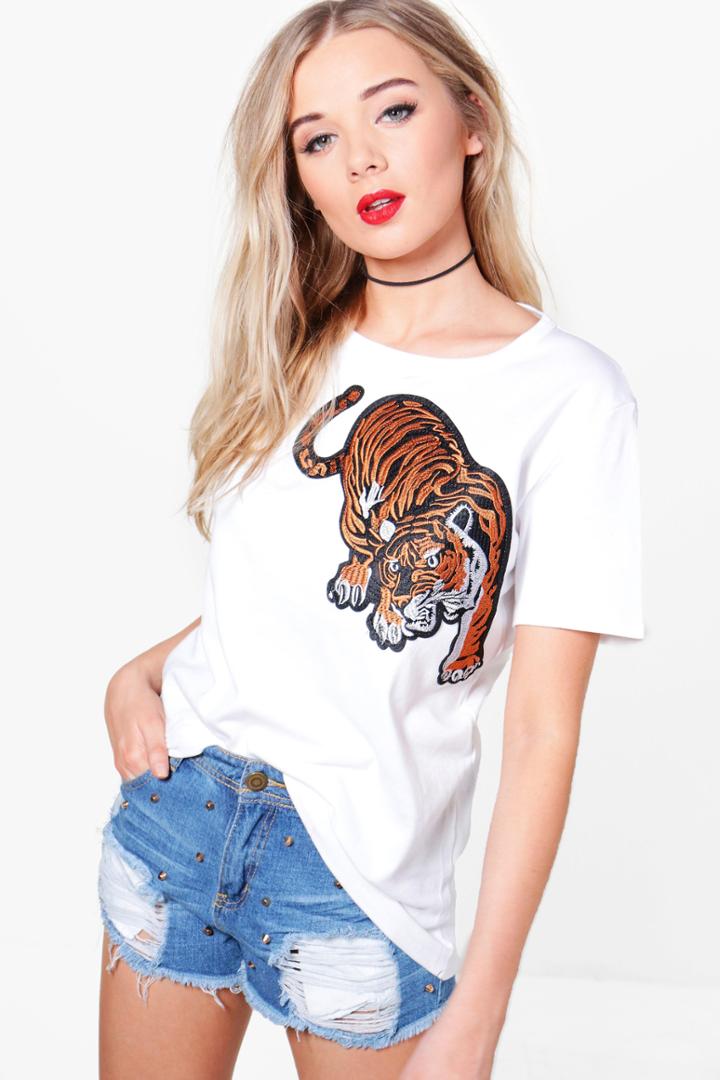 Boohoo Olivia Tiger Embroidered Oversized T-shirt White