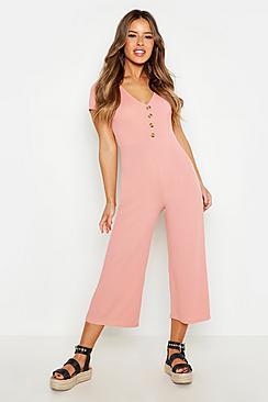 Boohoo Petite Rib Mock Horn Button Culotte Jumpsuit