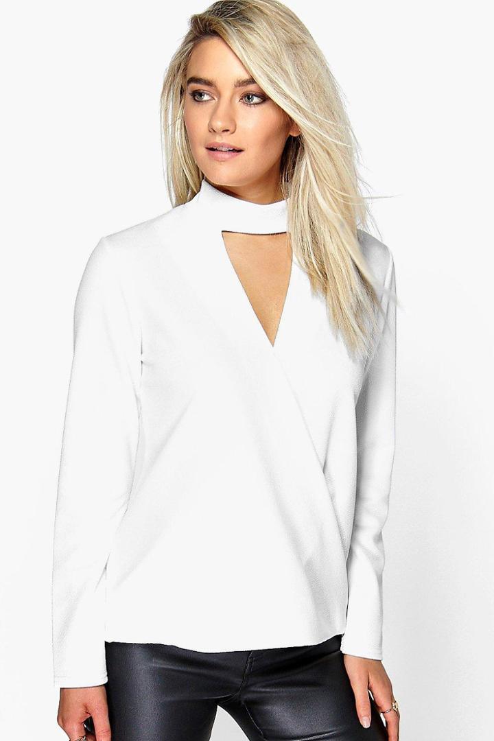 Boohoo Megan Cut Out Neck Wrap Front Top Ivory