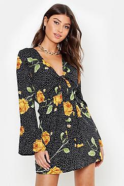 Boohoo Ruffle Hem Knot Front Floral Dress