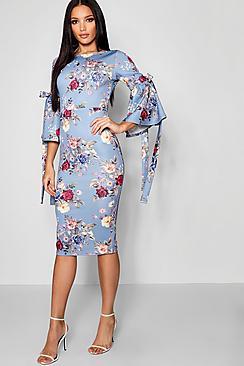 Boohoo Floral Tie Sleeve Detail Midi Dress