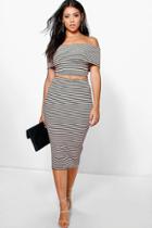 Boohoo Lexi Ribbed Stripe Off The Shoulder Top + Midi Skirt Black