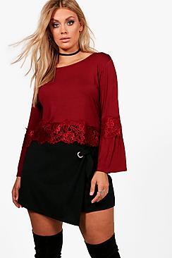 Boohoo Plus Frankie Lace Detail Flare Sleeve Top