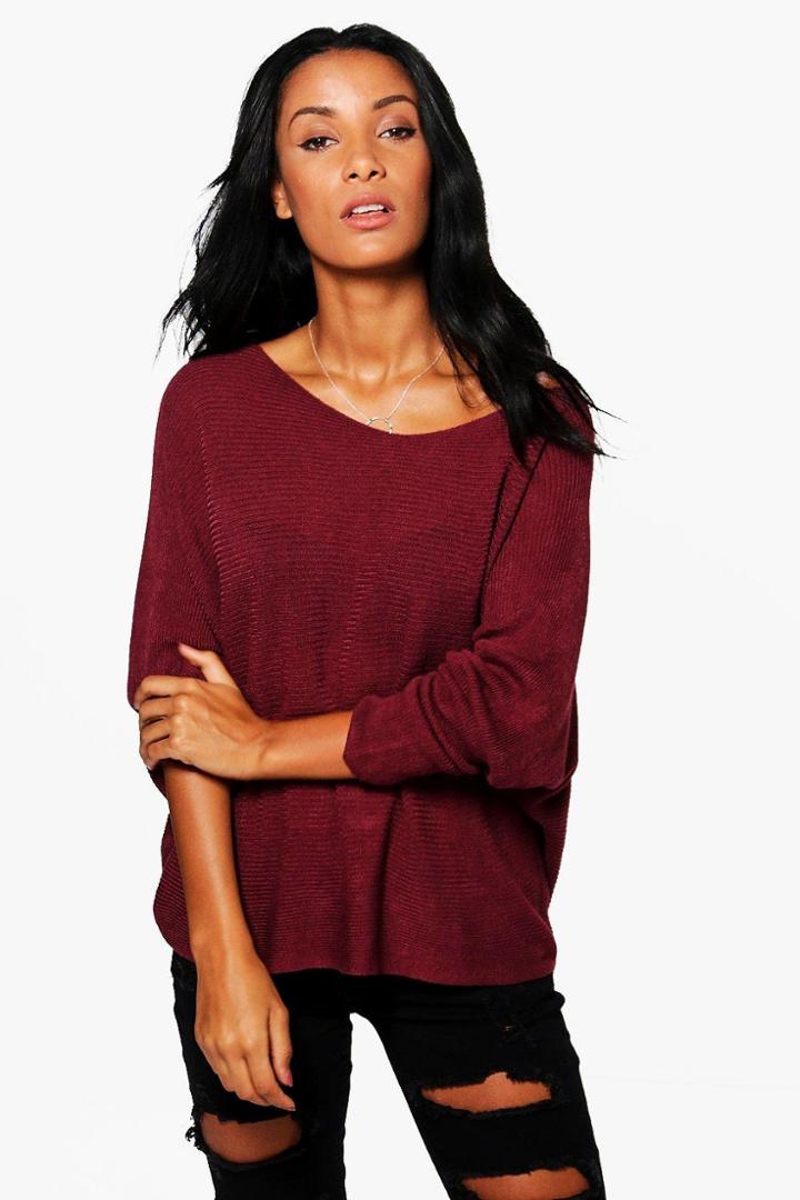 Boohoo Sarah Rib Knit Batwing Jumper Wine