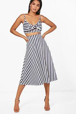 Boohoo Rosie Stripe Bow Crop And Skirt Co-ord Set