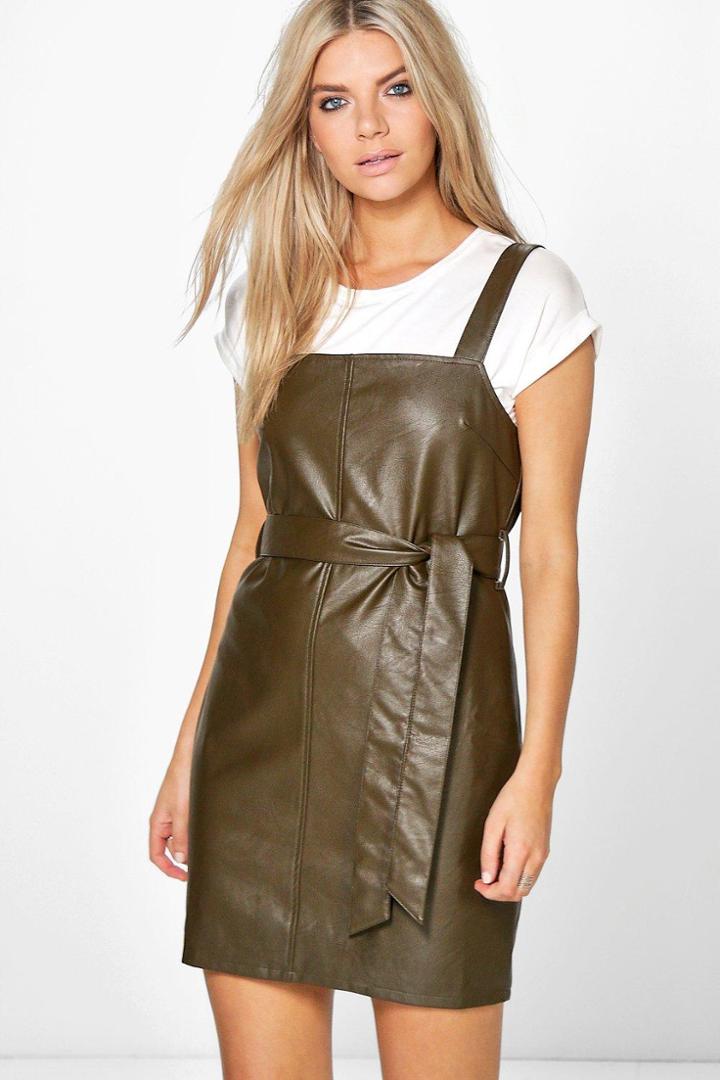 Boohoo Sadie Faux Leather Tie Front Pinafore Dress Moss
