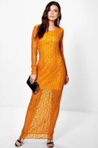 Boohoo Ella All Over Lace Long Sleeve Midi Bodycon Dress Mustard