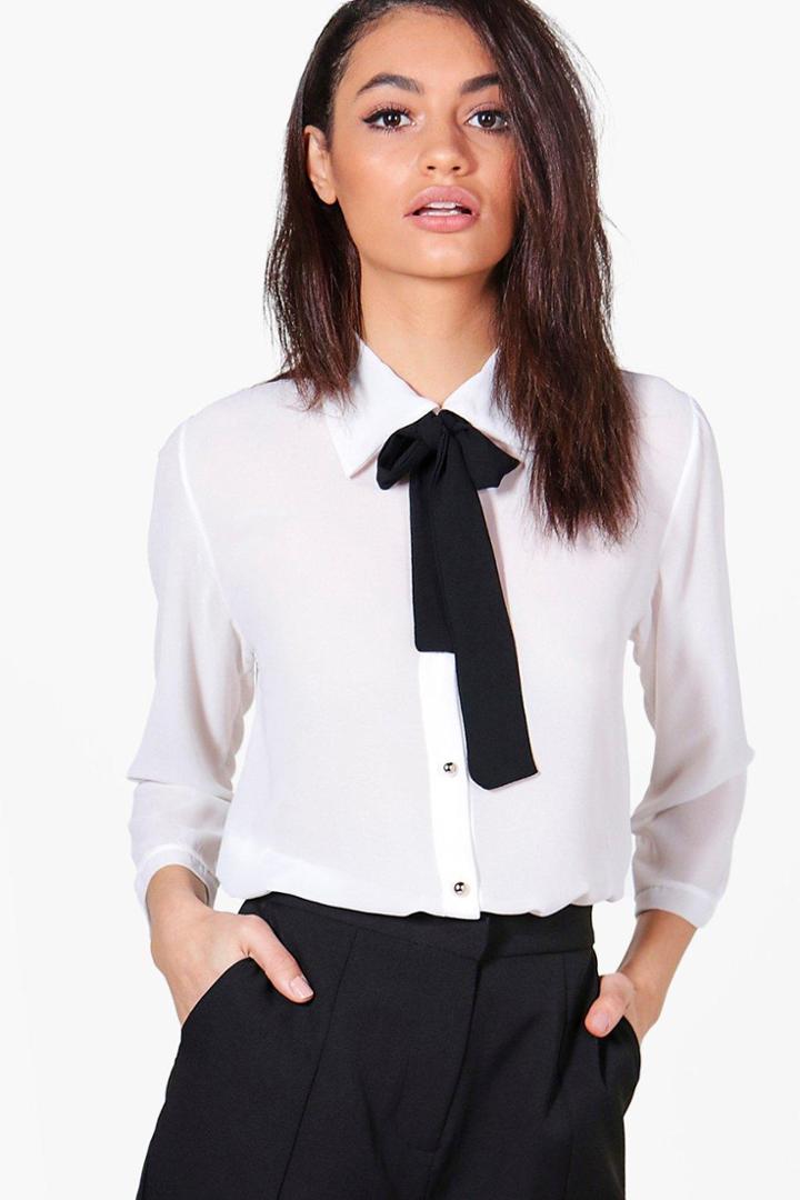 Boohoo Penny Woven Tie Neck Shirt Cream
