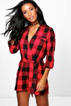 Boohoo Alex Checked Belted Roll Sleeve Playsuit Multi