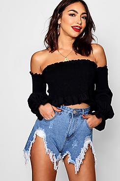 Boohoo Ivy Shirred Ruffle Hem Bardot Top