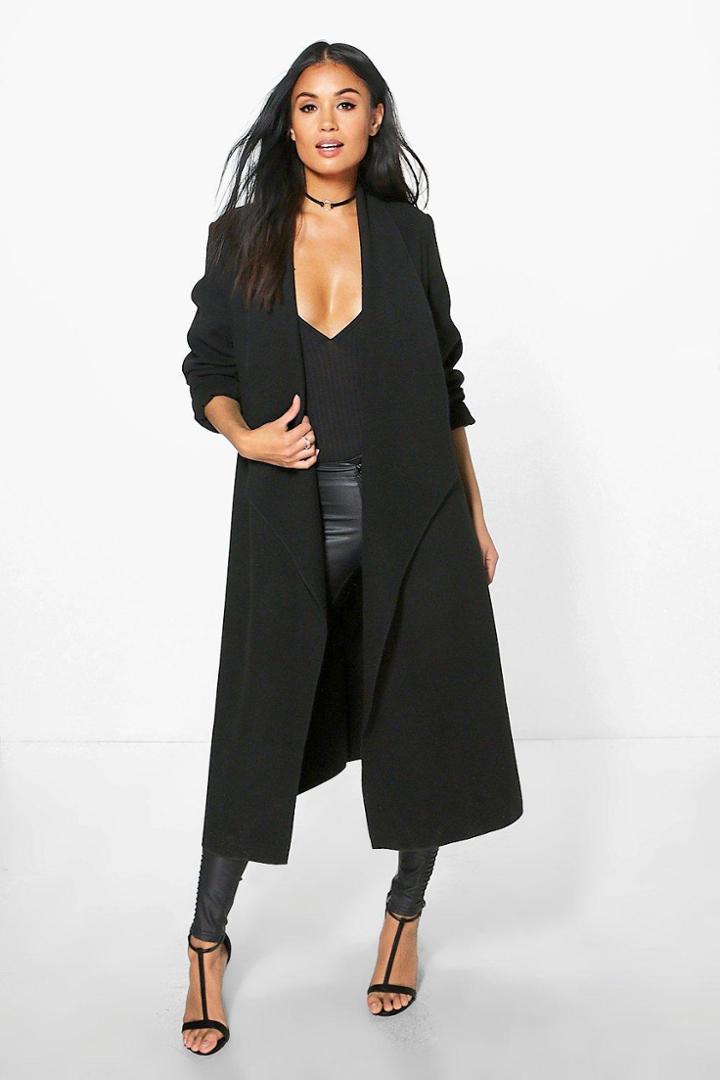 Boohoo Freya Waterfall Wool Look Duster Black