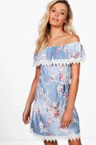 Boohoo Kelly Floral Crochet Trim Bardot Dress Blue