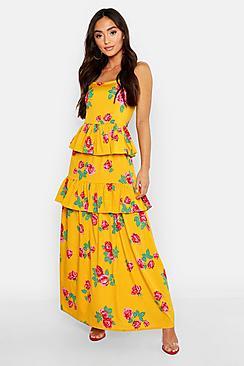 Boohoo Petite Floral Print Ruffle Detail Maxi Dress