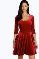 Boohoo Lara Velvet Sweetheart Neck Skater Dress Berry