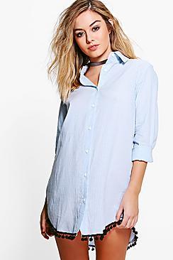 Boohoo Petite Grace Pom Pom Detail Stripe Shirt Dress